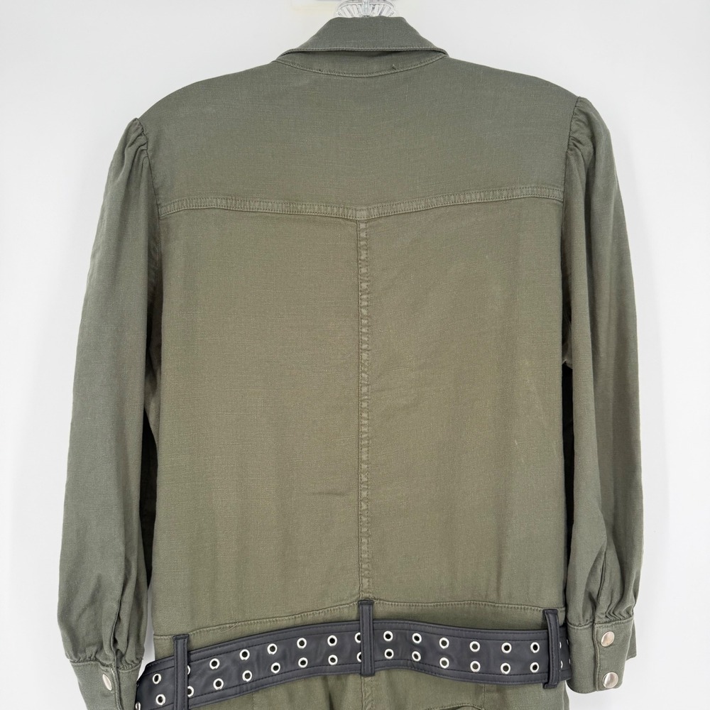 The Kooples Jeans Utility Jumpsuit Olive Green Linen Blend Belted Snap Front 2 M - Picture 13 of 16